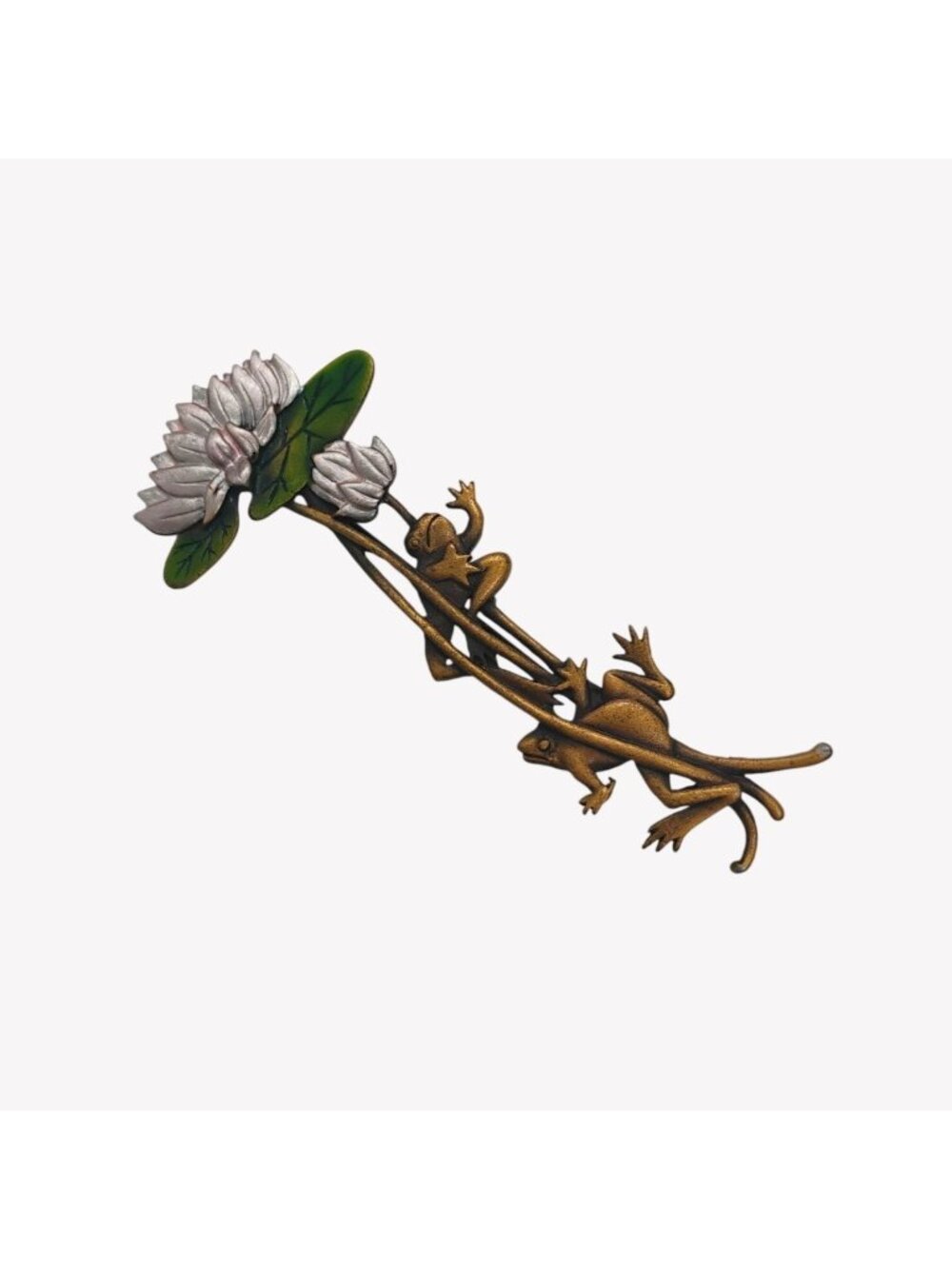 Vtg  JJ Jonette Frogs Climbing Lily Pad Brooch Brass w/Green & Lavender Enamel